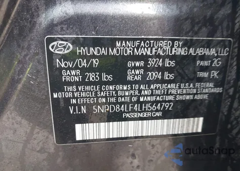 2020 Hyundai Elantra Sel z USA, uszkodzony, nr VIN 5NPD84LF4LH564792